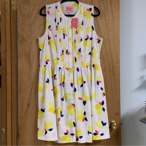 KATE SPADE Lemon Zest Cotton SHIRT DRESS Pockets Hidden Button Summer Sleeveless - Picture 3 of 10